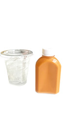 Milk Tea in a Bottle with Ice in a Plastic Cup Packed Separately, isolated on white background