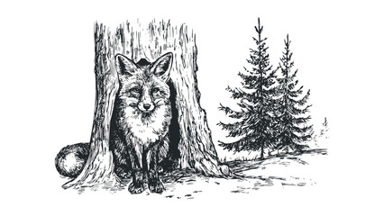 Naklejka premium Sketch of a fox peeking from behind a tree in a forest landscape. Vector hand drawn illustration