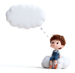 Cartoon boy sits on cloud, looking up at thought bubble