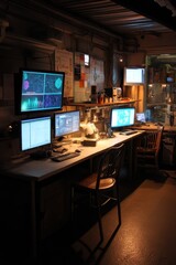 A late night conservation lab filled with glowing computer screens and climate data charts The mood feels exhausting and overwhelming, Generative AI 