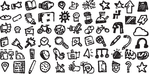 Hand Drawn Doodle Icons Seamless Pattern Vector Illustration for Creative Design Projects and Presentations with School Supplies and Travel Elements