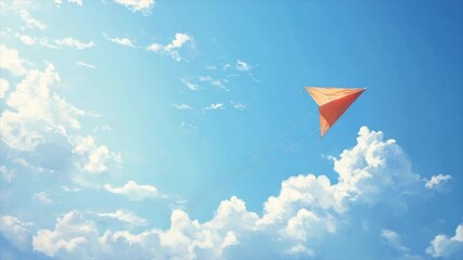 Orange kite soaring in a vibrant blue sky with fluffy white clouds