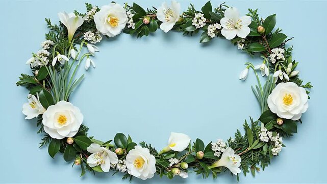 Floral oval white flowers green leaves blue background