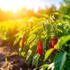 Red chili peppers growing on a plant in a garden at sunset with warm sunlight.