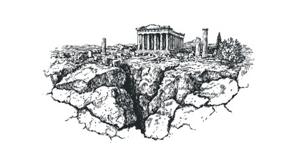 Fototapeta premium Ancient Greek ruins with Parthenon on a rocky cliff with deep fissure. Vector hand drawn illustration