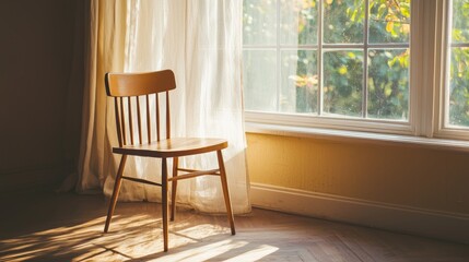 Fototapeta premium A simple wooden chair placed by a window, with soft light streaming in.