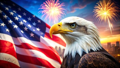 Eagle with fireworks and American flag