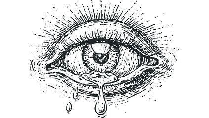 Distressed Eye With Dripping Tears and Radial Burst. Vector hand drawn illustration
