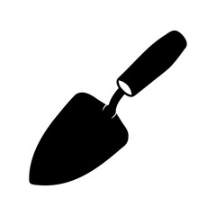 A simple black silhouette image of a garden trowel tool used for planting