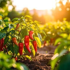 Red chili peppers growing on a plant in a garden at sunset with warm sunlight.