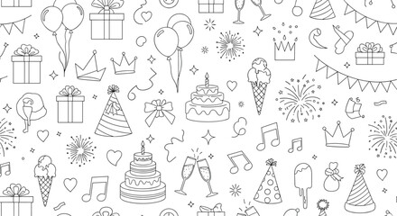 Celebrate with joy festive doodle pattern featuring cakes, gifts, balloons, and fireworks for parties.