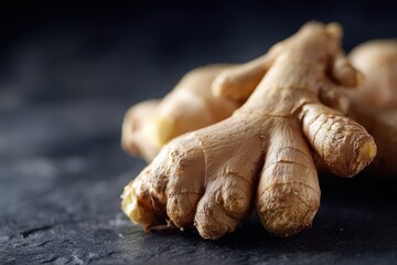 Fototapeta premium Fresh Ginger Root on Dark Surface