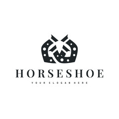Horseshoe logo with minimalist black silhouette design as a symbol of horse ranch and blacksmith symbol logo template illustration concept for brand or poster