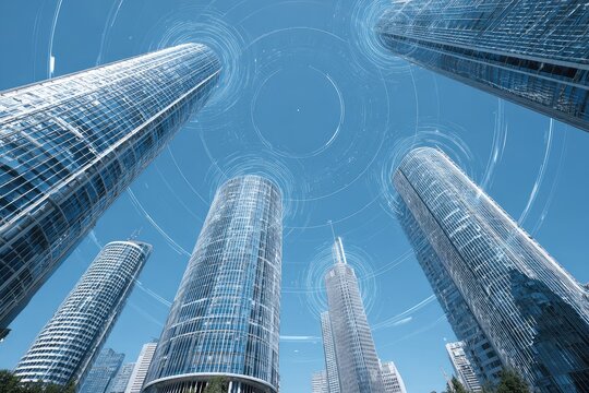 Low-angle view of modern skyscrapers, surrounded by digital network circles against a clear blue sky