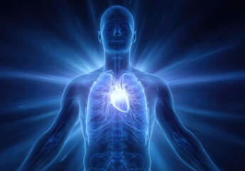 Glowing anatomical heart radiating energy