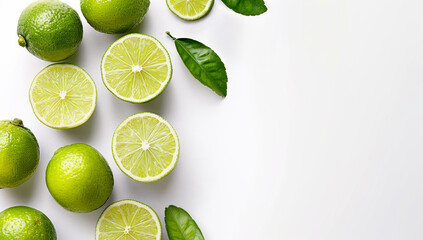 collection of whole and sliced limes with leaves on white background with copy space