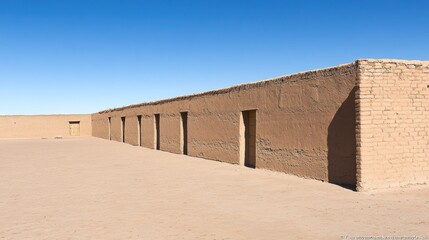 Adobe building with multiple entryways against a clear sky in a desert location