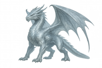 Silver dragon towering powerfully, radiating mystical energy, transparent background enabling seamless digital design integration
