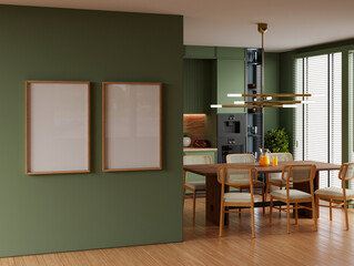 A contemporary dining and kitchen space with a decorative green wall, featuring two empty frames for a design template or copy space- 3D rendering