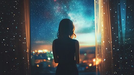 A woman standing by a window, gazing at the stars and silently wishing for something special.
