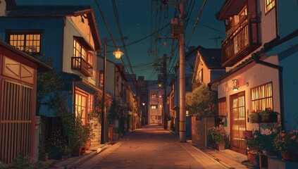 Fototapeta premium Night scene of a quaint, narrow street in a town, with traditional houses, warm lighting, and lush greenery