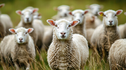 Fototapeta premium A herd of sheep standing in a grassy field with a blurred background.