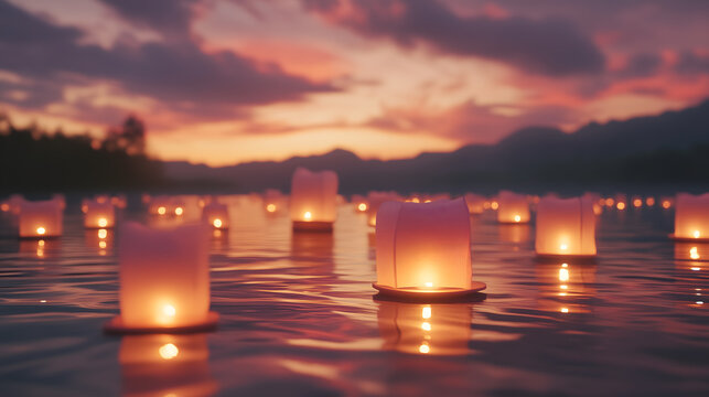 Floating lanterns on lake - Powered by Adobe