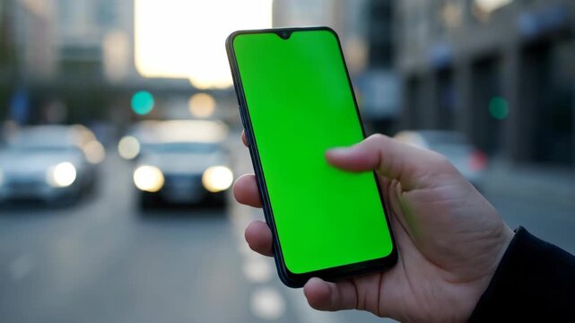 Man holding smartphone with a green screen on a city street for advertising concept