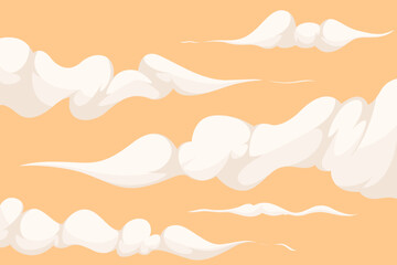 Vector set of stylized white clouds on a warm peach sky.