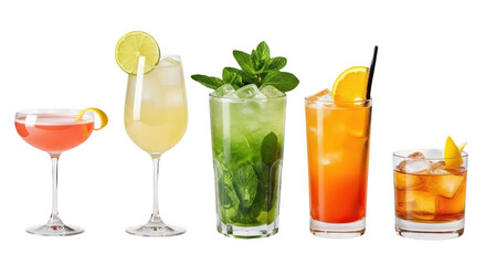 Assortment of various cocktails isolated on transparent background