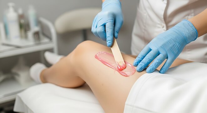 Medical Professional Performing Waxing Hair Removal on Female Leg in Clinic