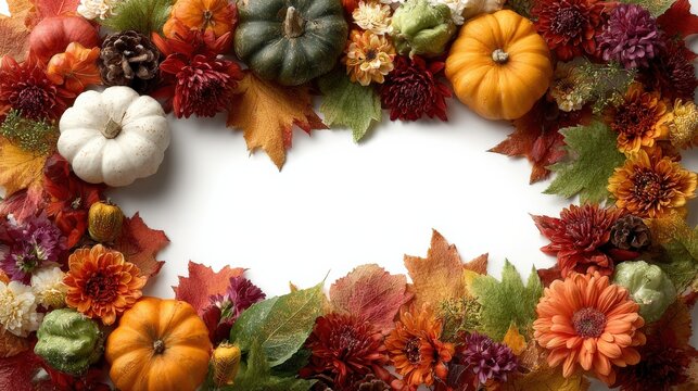 A vibrant autumnal wreath frames an inviting blank space, with pumpkins, chrysanthemums and fallen leaves. ..Created with Generative AI, not depicting real subjects.