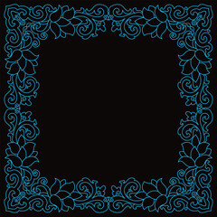 Ornate floral pattern forms a decorative blue border on a black background.