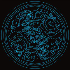 Blue line art of blooming roses and leaves forms a decorative circular pattern.