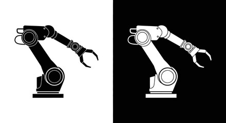 A robotic arm for industrial automation, a black and white icon representing manufacturing, robotics, and advanced production technology.