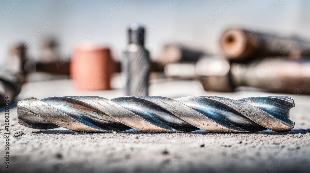Poster closeup of an advanced masonry drill bit with sharp carbide tip focused on its intricate spiral flut