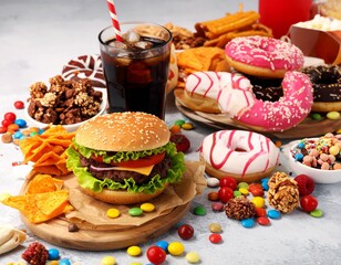 A colorful table spread with an assortment of unhealthy junk food, including a burger, donuts, and sweets, a concept representing poor diet choices and overeating