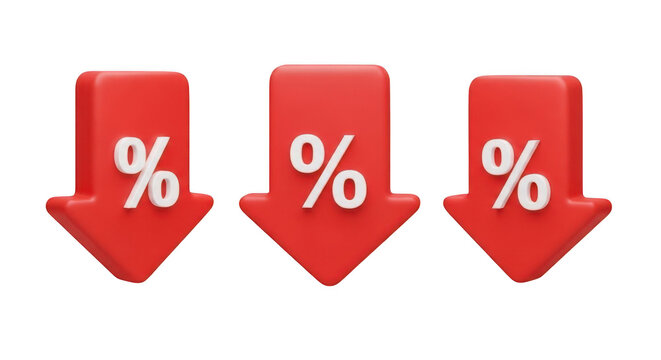 Red percentage down arrow isolated on transparent background symbol