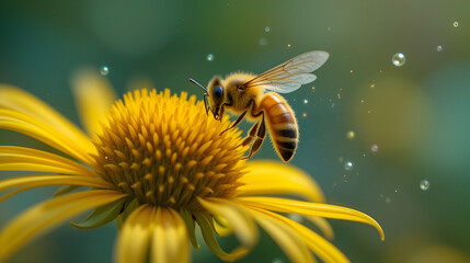 Flying honey bee collecting pollen at yellow flower. Bee flying over the yellow flower