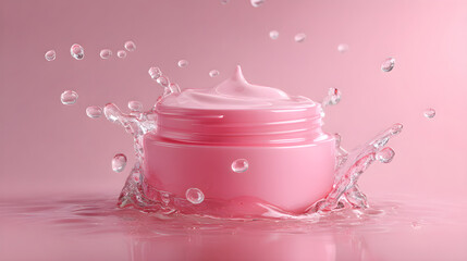 Pink skincare cream jar with splashing gel effect, soft light studio photography, clean background and high-speed detail --ar 16:9