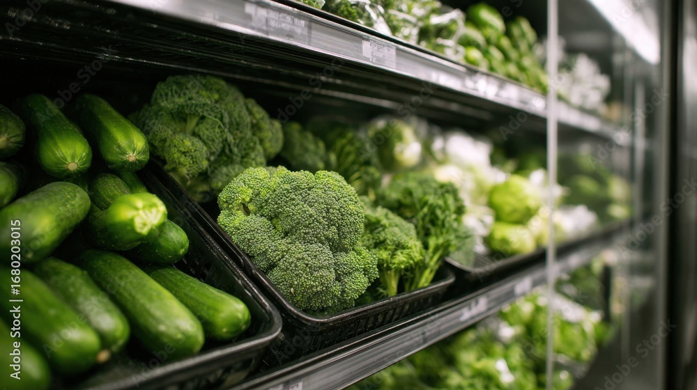 Poster medium shot of fresh produce neatly organized in a refrigeration unit with the main focus on crisp v