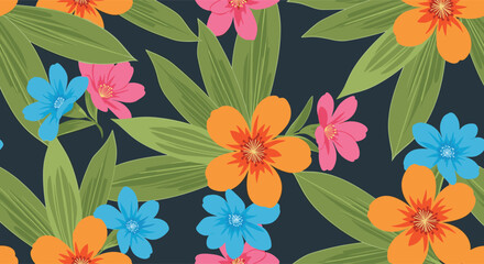 Vibrant floral pattern with tropical leaves and colorful blossoms on dark background