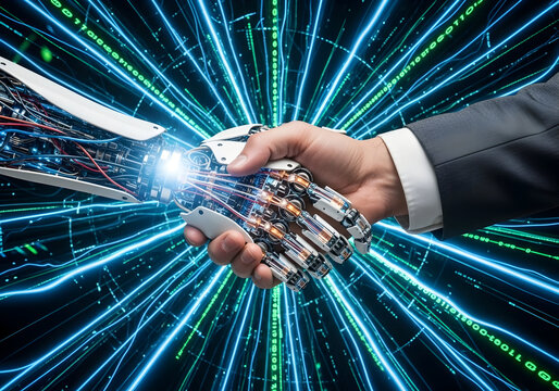 Human hand and robotic hand shaking amidst a vibrant green digital data stream and binary code handshake