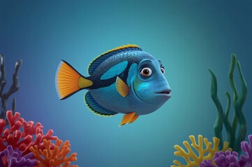 Animated fish swims ocean coral background