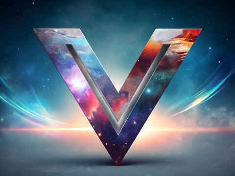 Letter V Logo with Cosmic Nebula and Galaxy Texture Against a Dramatic Sky alphabet symbol