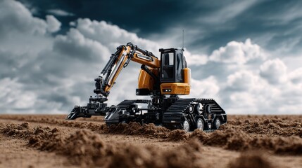 Excavator Machinery Operating on Rough Terrain under Dramatic Sky