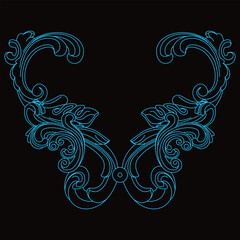Fototapeta premium Elegant blue ornamental scrollwork creates a symmetrical classic flourish pattern.