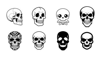 Set of black and white skull vector icons in various styles including realistic, cartoon, tribal, and silhouette, perfect for Halloween, tattoo, logo, and graphic design.
