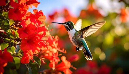 Hummingbird in flight, feeding from vibrant red flowers