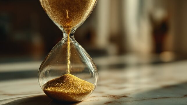 An hourglass on a marble surface, a visual metaphor for the fleeting passage of time, highlighted with golden sand and soft sunlight. ..Created with Generative AI, not depicting real subjects.